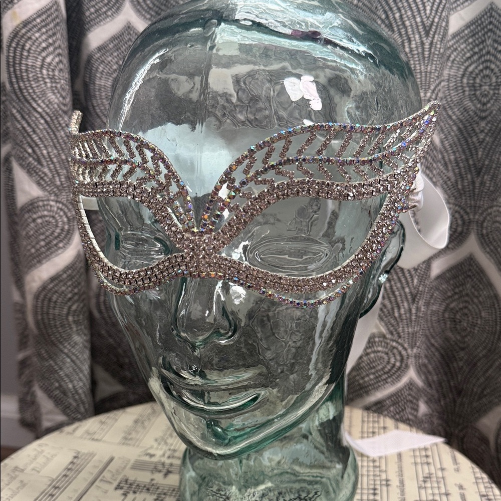 Silver Toned Rhinestone Encrusted Masquerade Mask - Picture 2 of 5